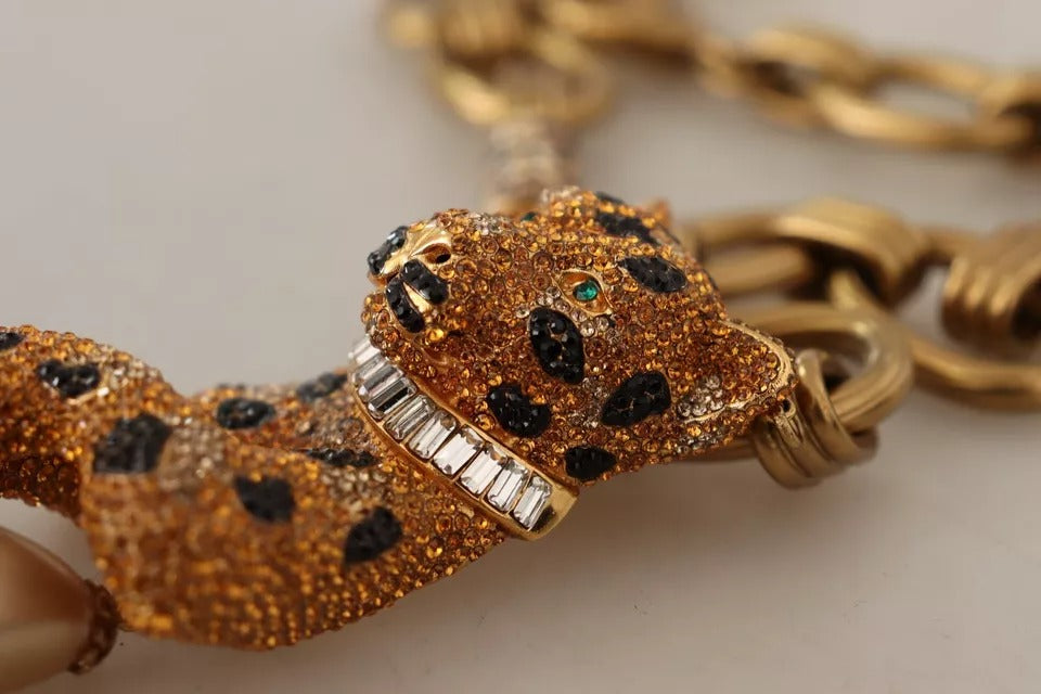 Halskette mit Leoparden-Anhänger aus Messing in Gold mit Kristallperlen