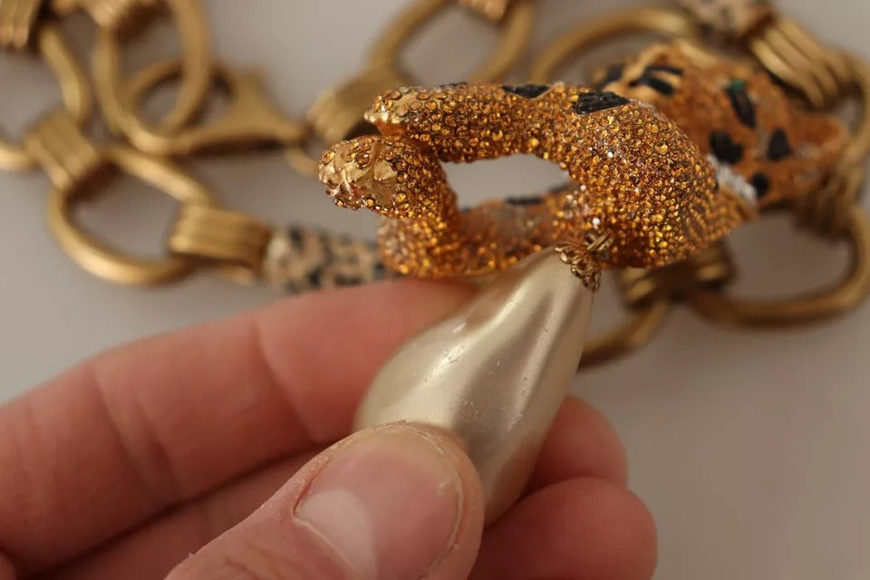 Halskette mit Leoparden-Anhänger aus Messing in Gold mit Kristallperlen