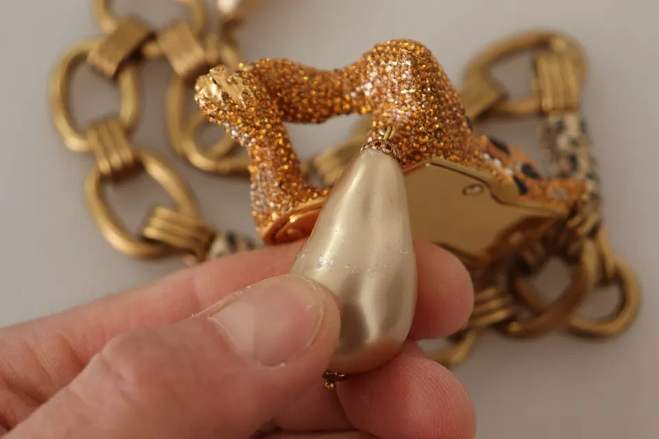 Halskette mit Leoparden-Anhänger aus Messing in Gold mit Kristallperlen