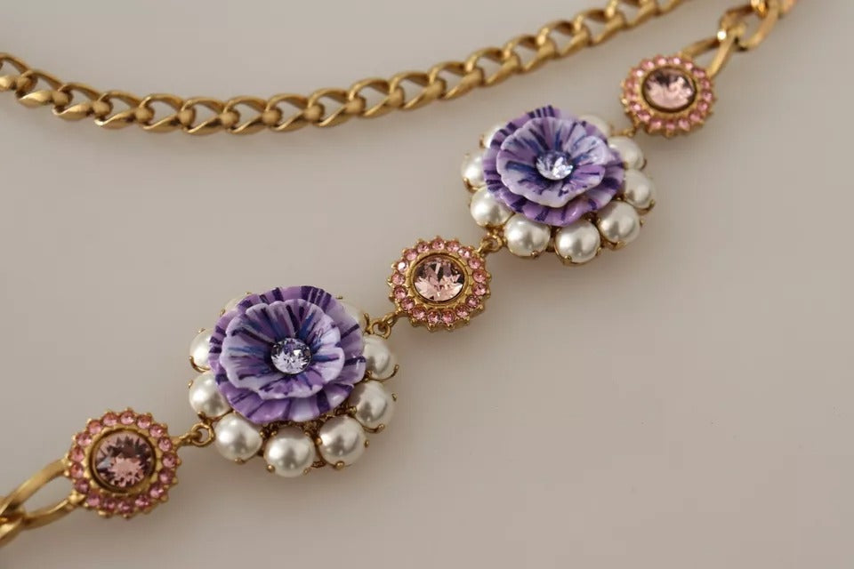 Goldfarbene Halskette mit floralen Kristallen und lila Verzierung