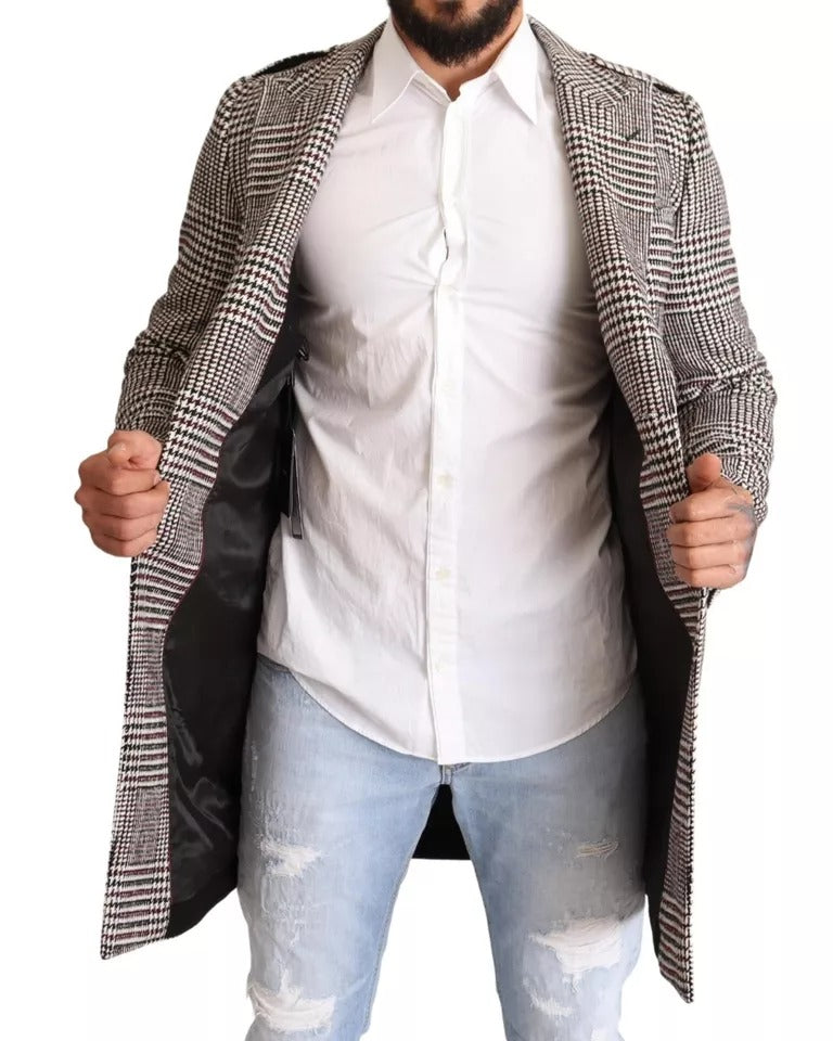 Grau karierte lange Trenchcoat-Jacke