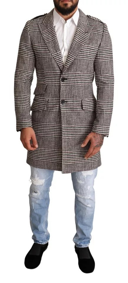 Grau karierte lange Trenchcoat-Jacke