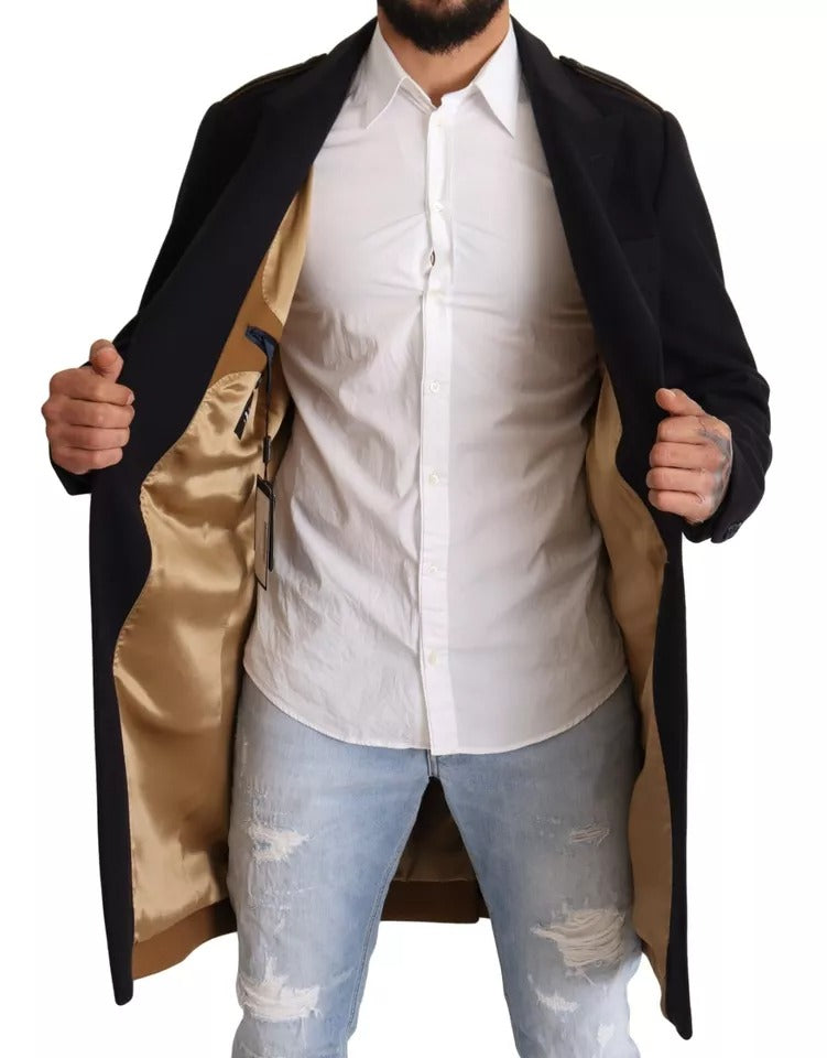 Blauer Trenchcoat, lange Woll-Stretchjacke