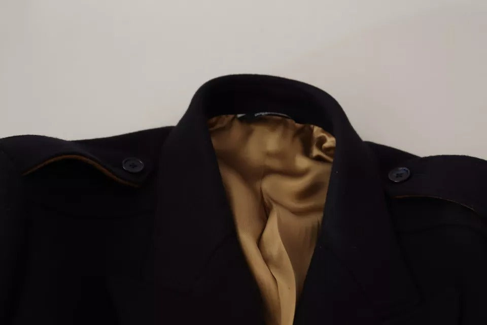 Blauer Trenchcoat, lange Woll-Stretchjacke