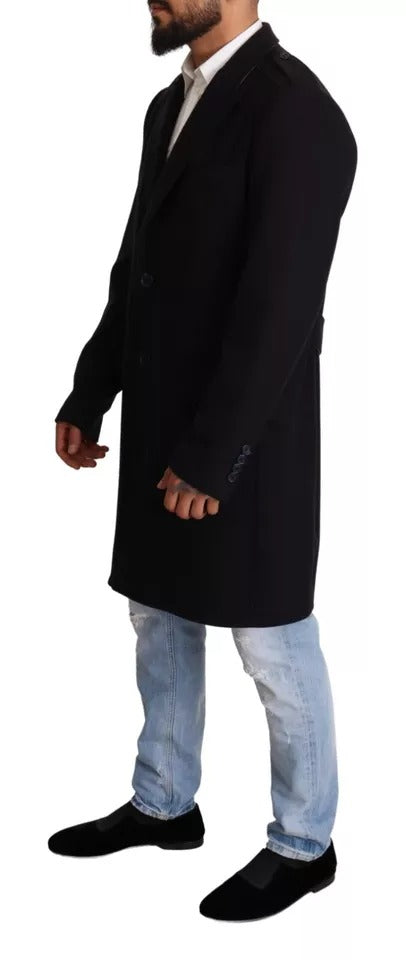 Blauer Trenchcoat, lange Woll-Stretchjacke
