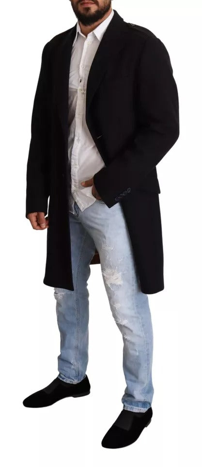 Blauer Trenchcoat, lange Woll-Stretchjacke