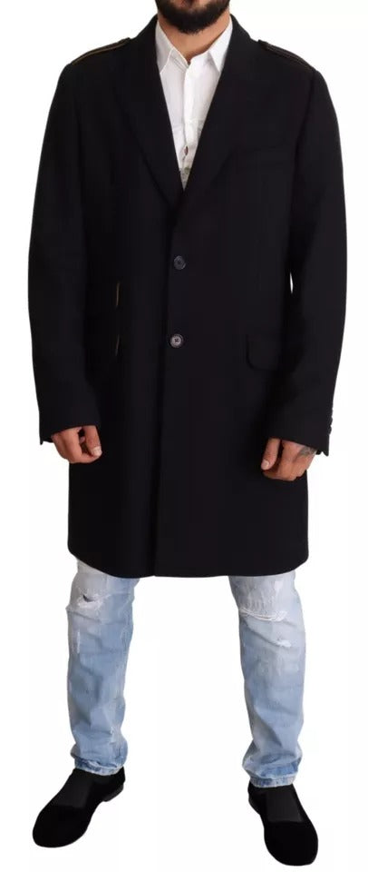 Blauer Trenchcoat, lange Woll-Stretchjacke
