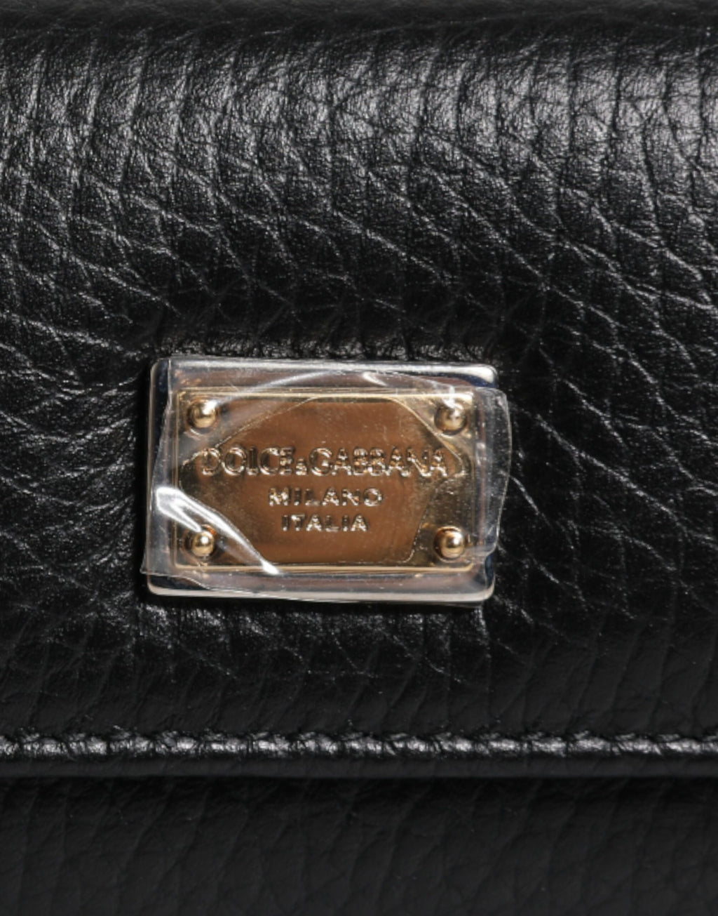 Dreifach faltbarer Schlüsselanhänger aus schwarzem Leder mit goldenem Metall-Logo