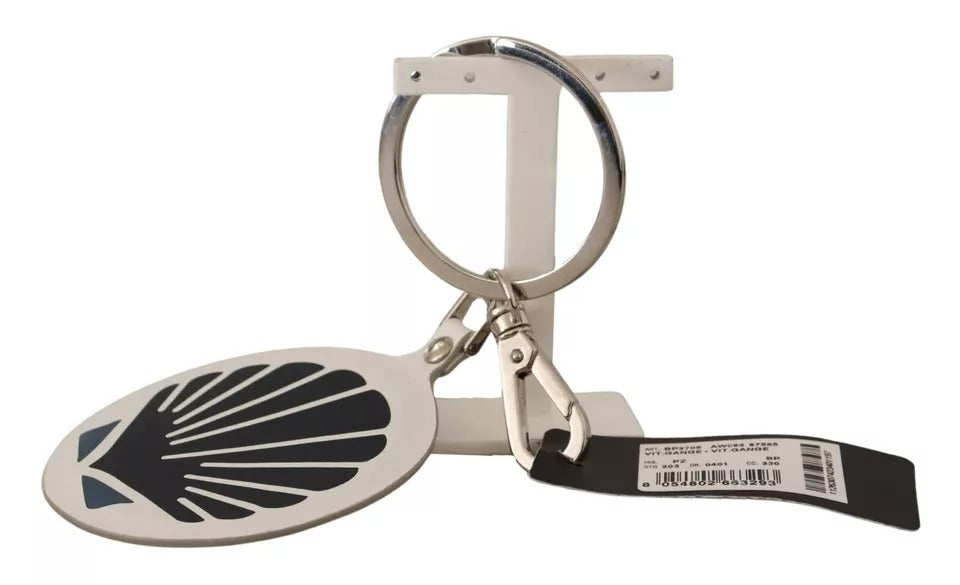 Schlüsselanhänger aus weißem Leder mit Muschel-Metall in Silber