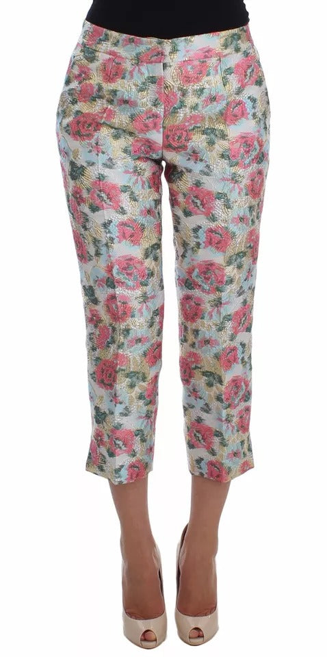Weiß-rosa Brokathose mit Blumenmuster