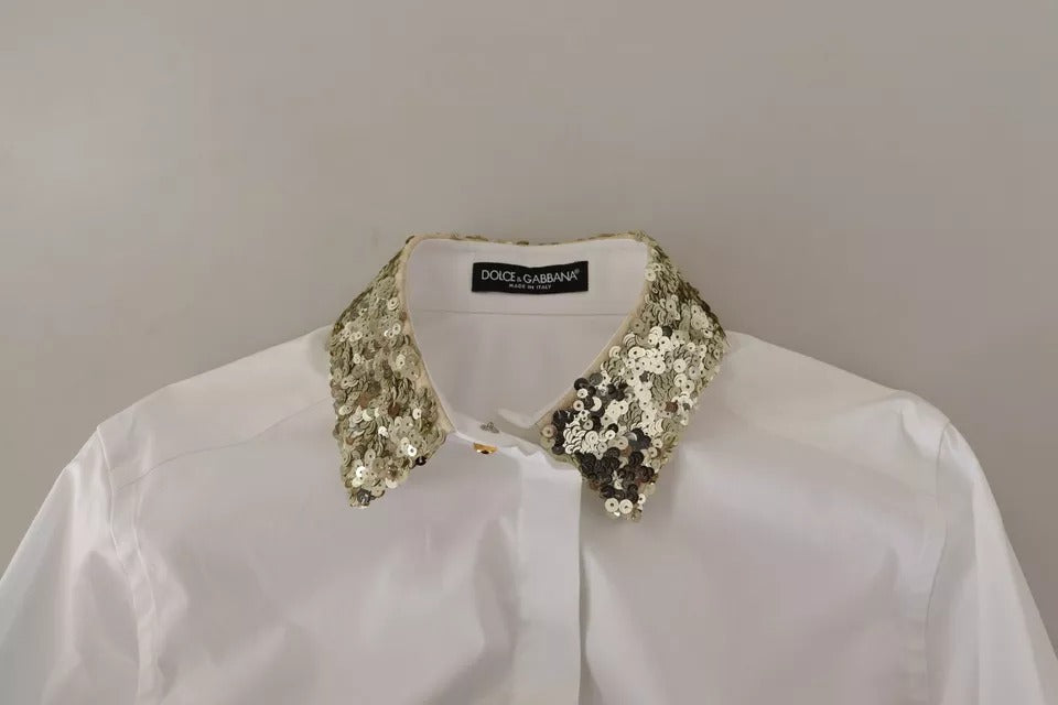 Weißes Baumwoll-Top mit Kragen und langen Ärmeln und Pailletten