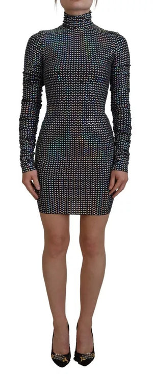 Schwarzes, verziertes, figurbetontes Minikleid aus Nylon