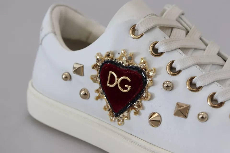 Weiße Leder Gold Rot Herz Sneakers Schuhe