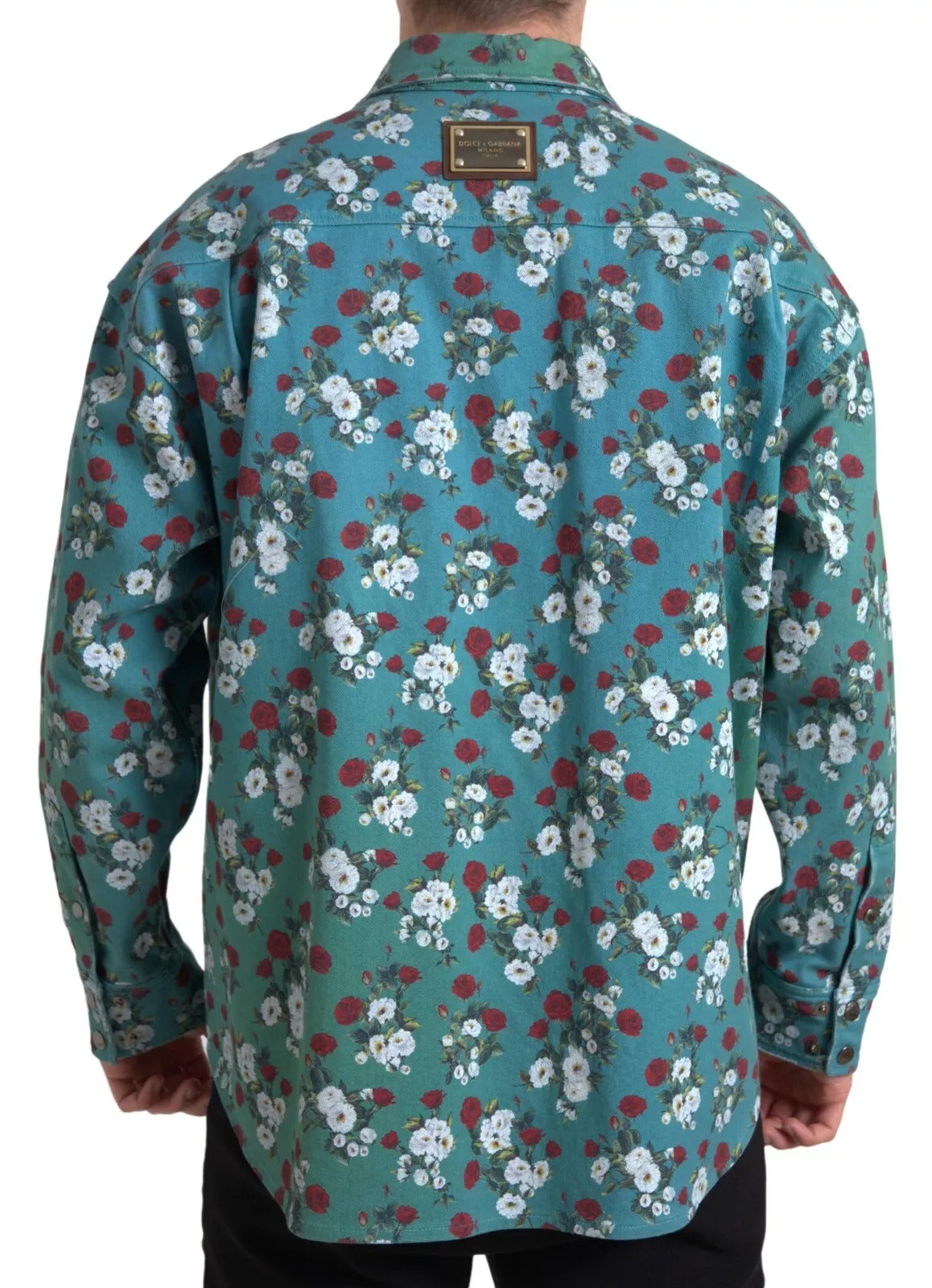 Blaues Jeanshemd aus Baumwolle mit Knopfleiste und Blumenmuster