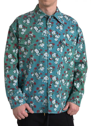 Blaues Jeanshemd aus Baumwolle mit Knopfleiste und Blumenmuster