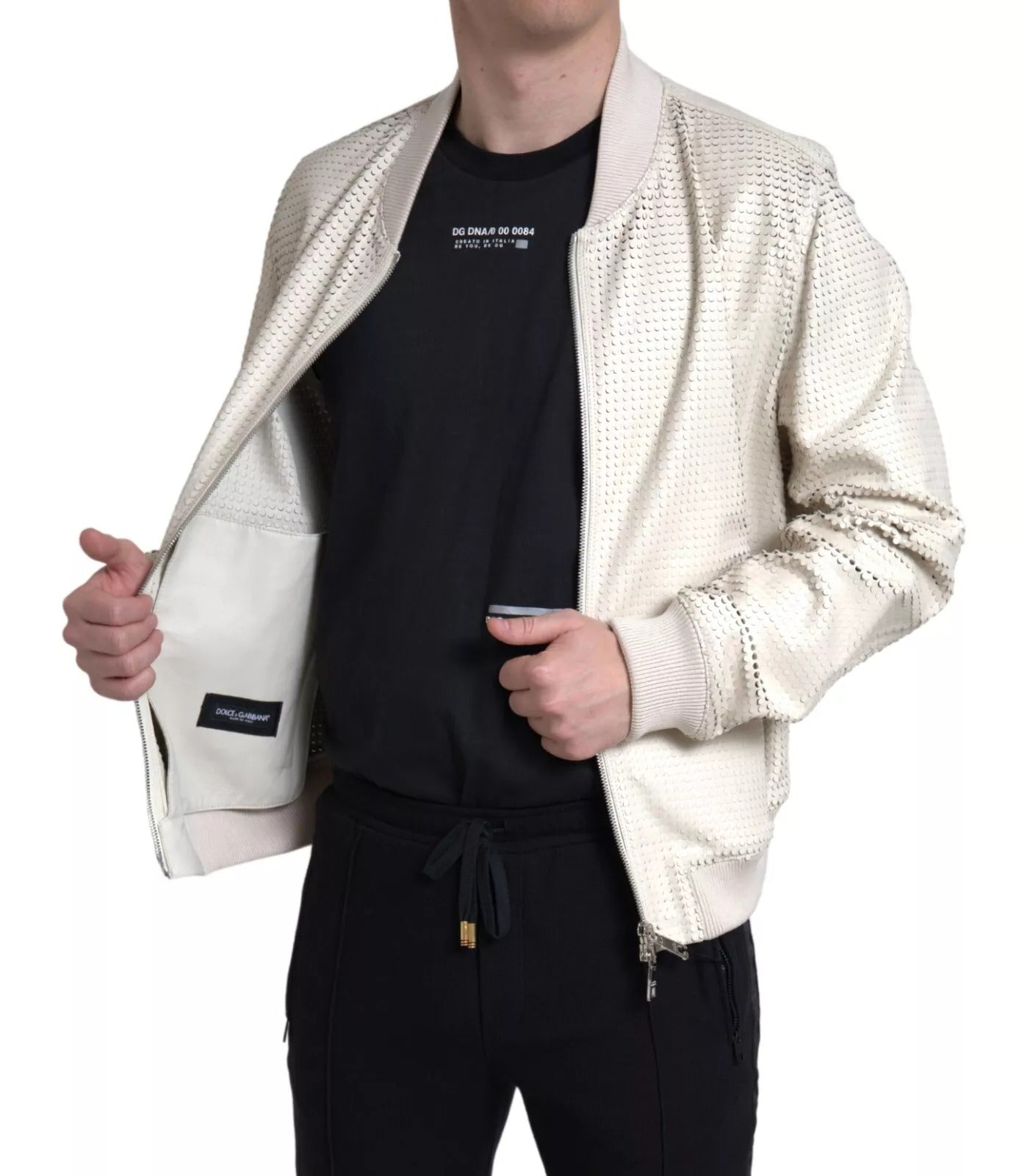Off White – Perforierte Lederjacke mit durchgehendem Reißverschluss