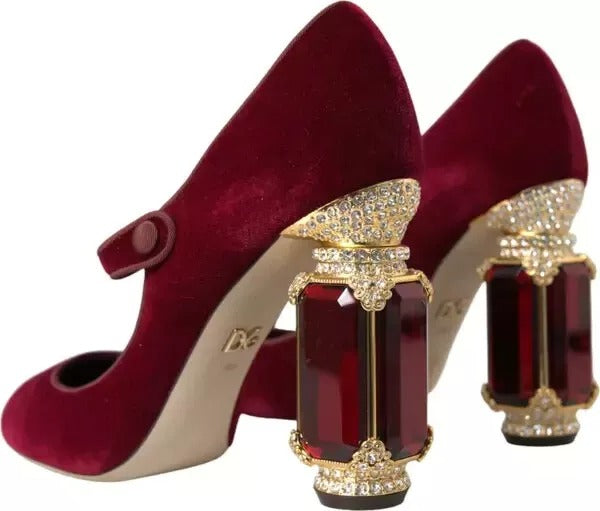 Roter Samt mit goldenen Kristallen und Absatz Mary Janes