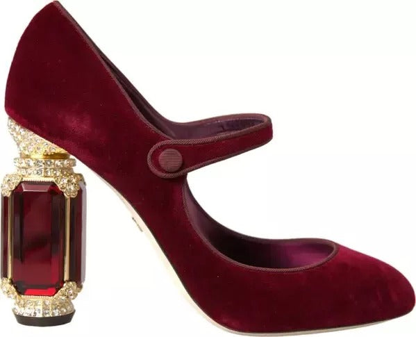 Roter Samt mit goldenen Kristallen und Absatz Mary Janes