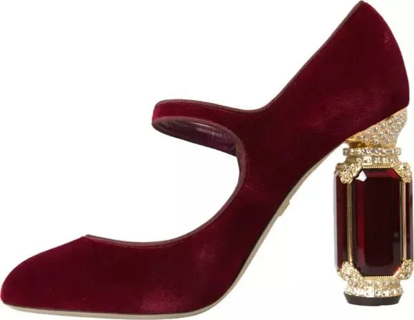 Roter Samt mit goldenen Kristallen und Absatz Mary Janes