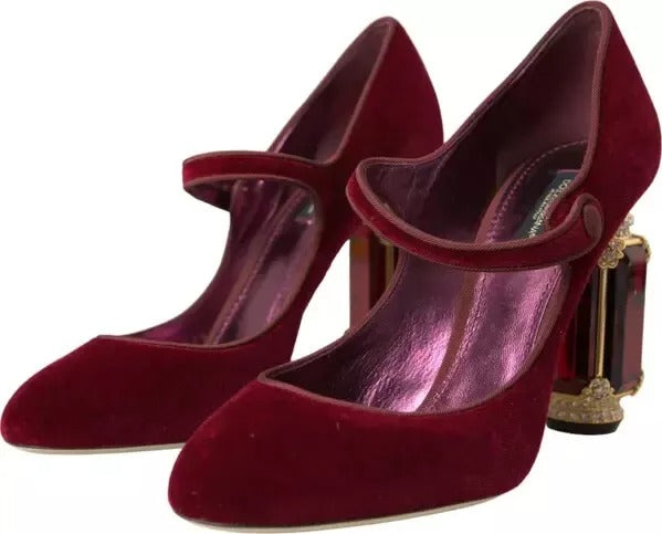 Roter Samt mit goldenen Kristallen und Absatz Mary Janes
