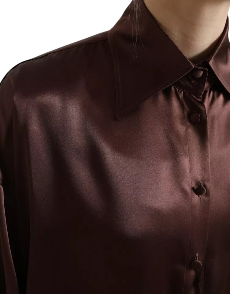 Braune Bluse mit langen Ärmeln und Kragen aus Seide