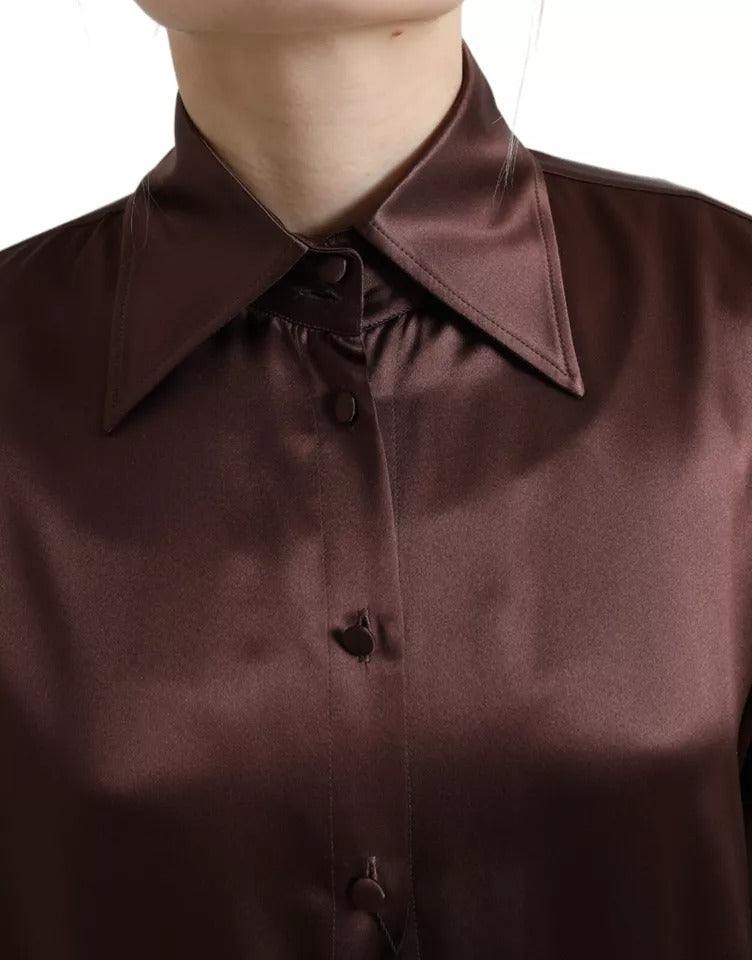 Braune Bluse mit langen Ärmeln und Kragen aus Seide