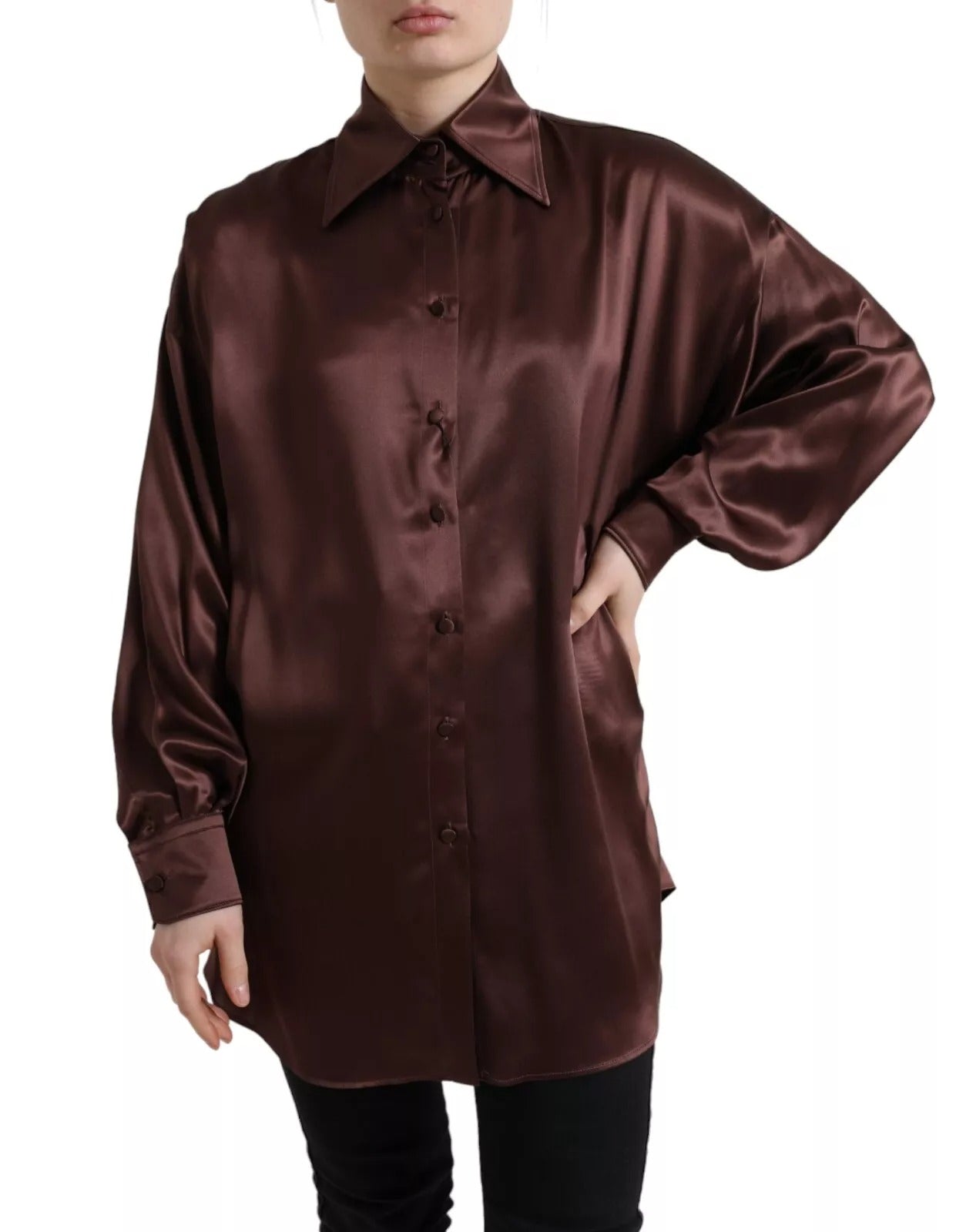 Braune Bluse mit langen Ärmeln und Kragen aus Seide