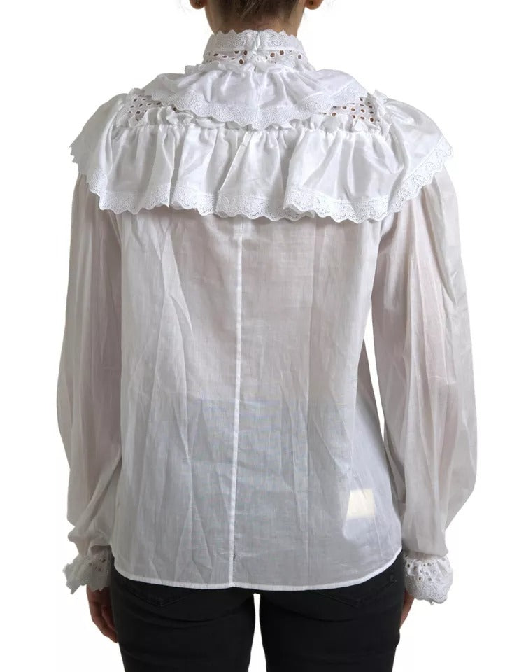 Weiße Rollkragenbluse aus Baumwolle mit Spitzenbesatz