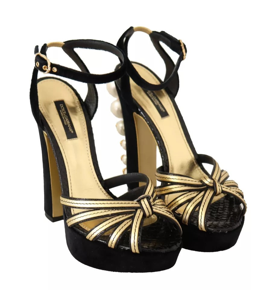 Schwarz-goldene Bianca-Sandalen mit Kunstperlen