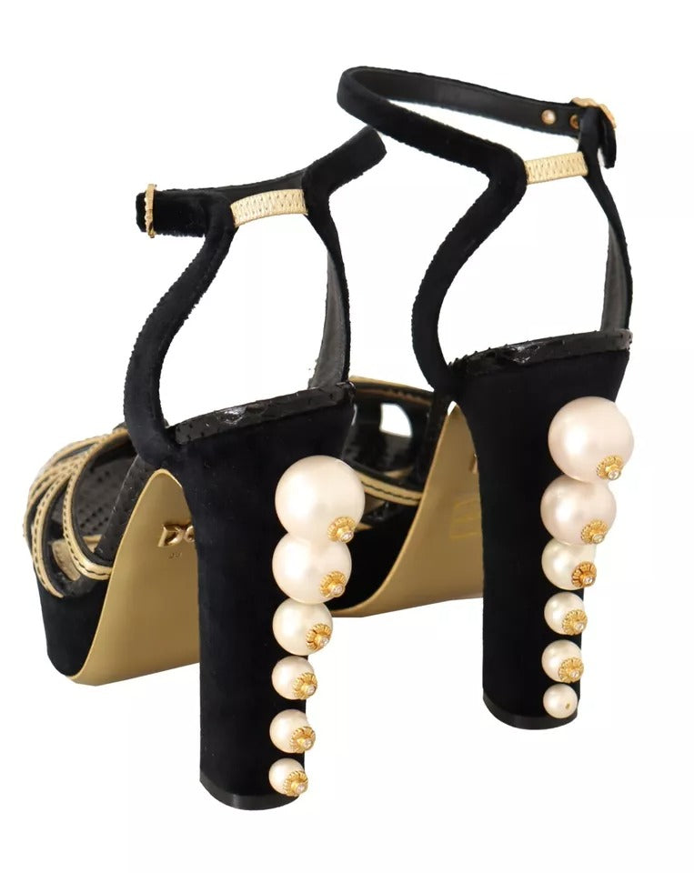 Schwarz-goldene Bianca-Sandalen mit Kunstperlen