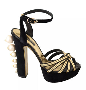 Schwarz-goldene Bianca-Sandalen mit Kunstperlen