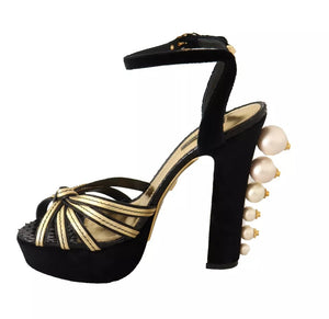 Schwarz-goldene Bianca-Sandalen mit Kunstperlen