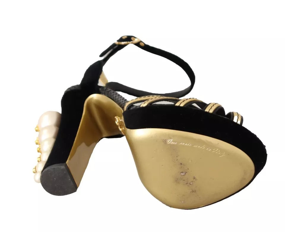 Schwarz-goldene Bianca-Sandalen mit Kunstperlen