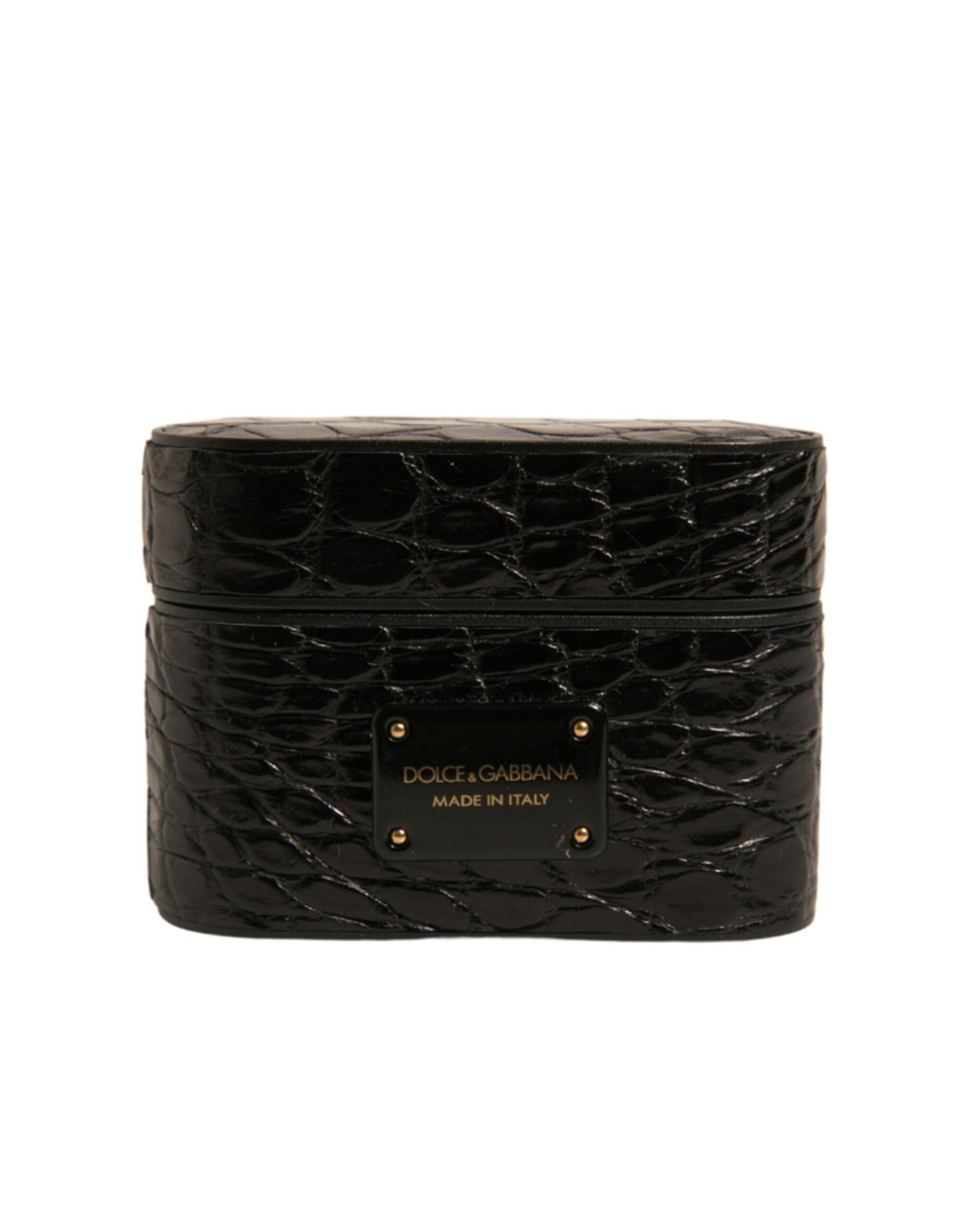 Schwarzes Airpods-Etui aus Leder mit Metall-Logo-Plakette