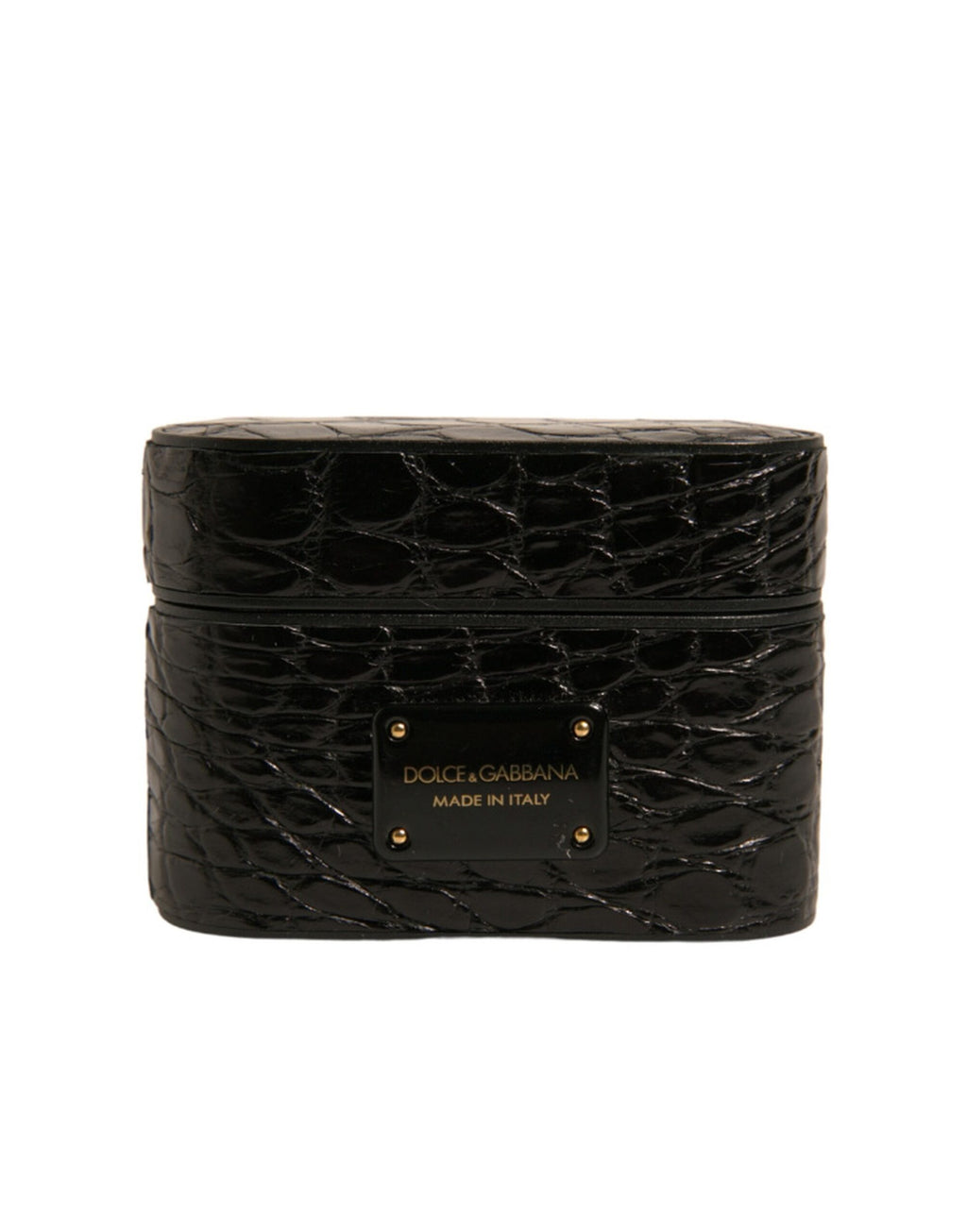 Schwarzes Airpods-Etui aus Leder mit Metall-Logo-Plakette