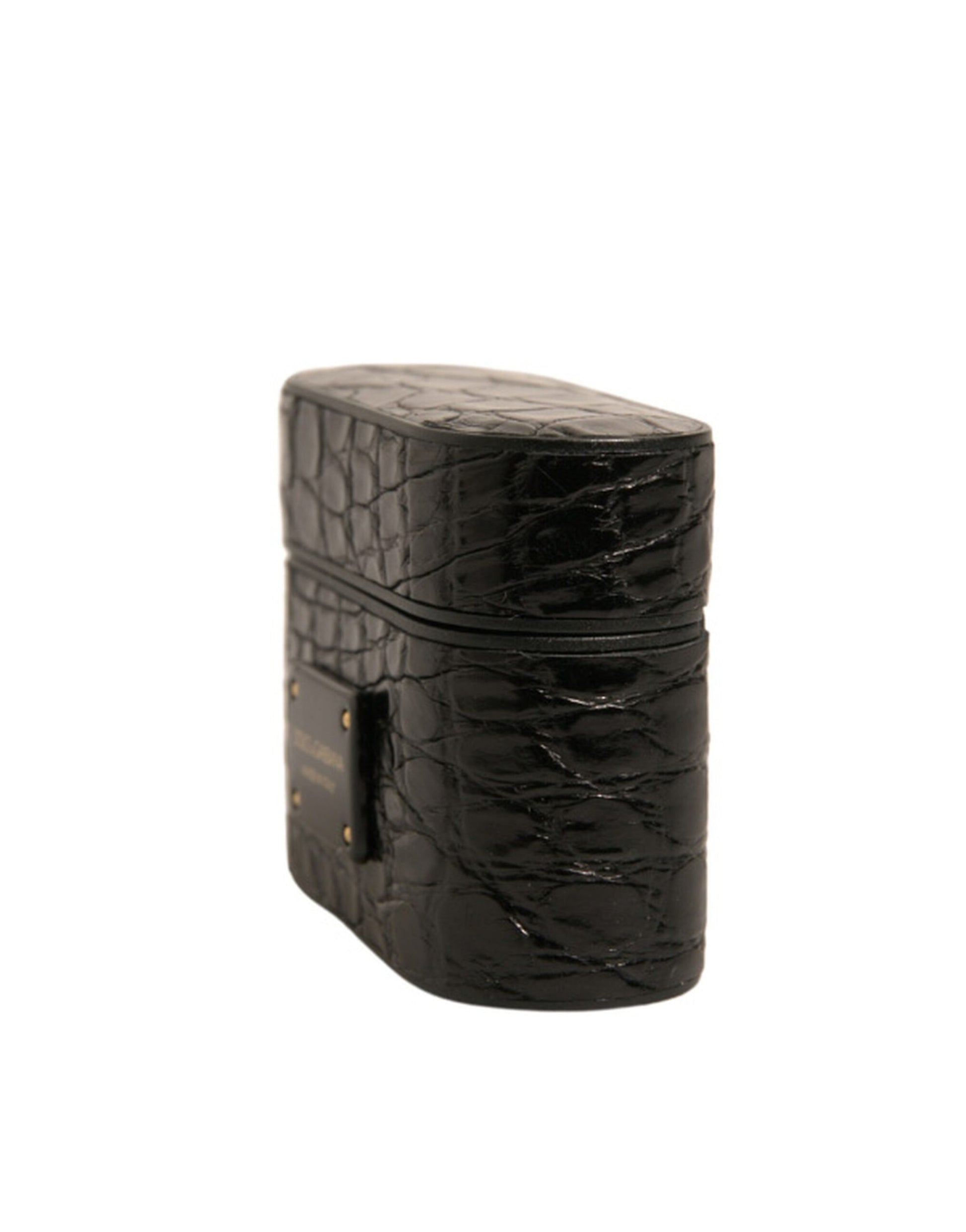 Schwarzes Airpods-Etui aus Leder mit Metall-Logo-Plakette