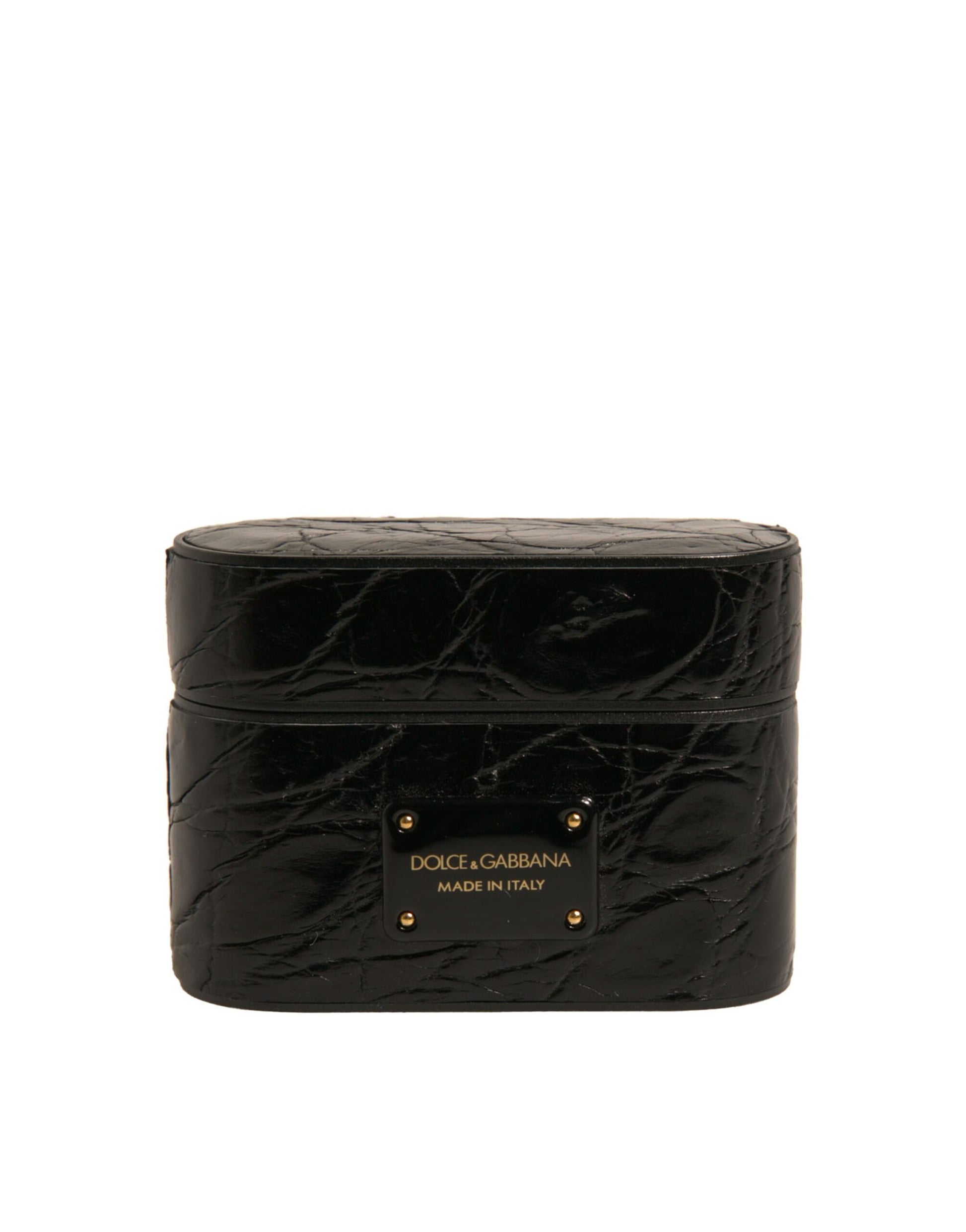 Schwarzes Airpods-Etui aus Leder mit Metall-Logo-Plakette