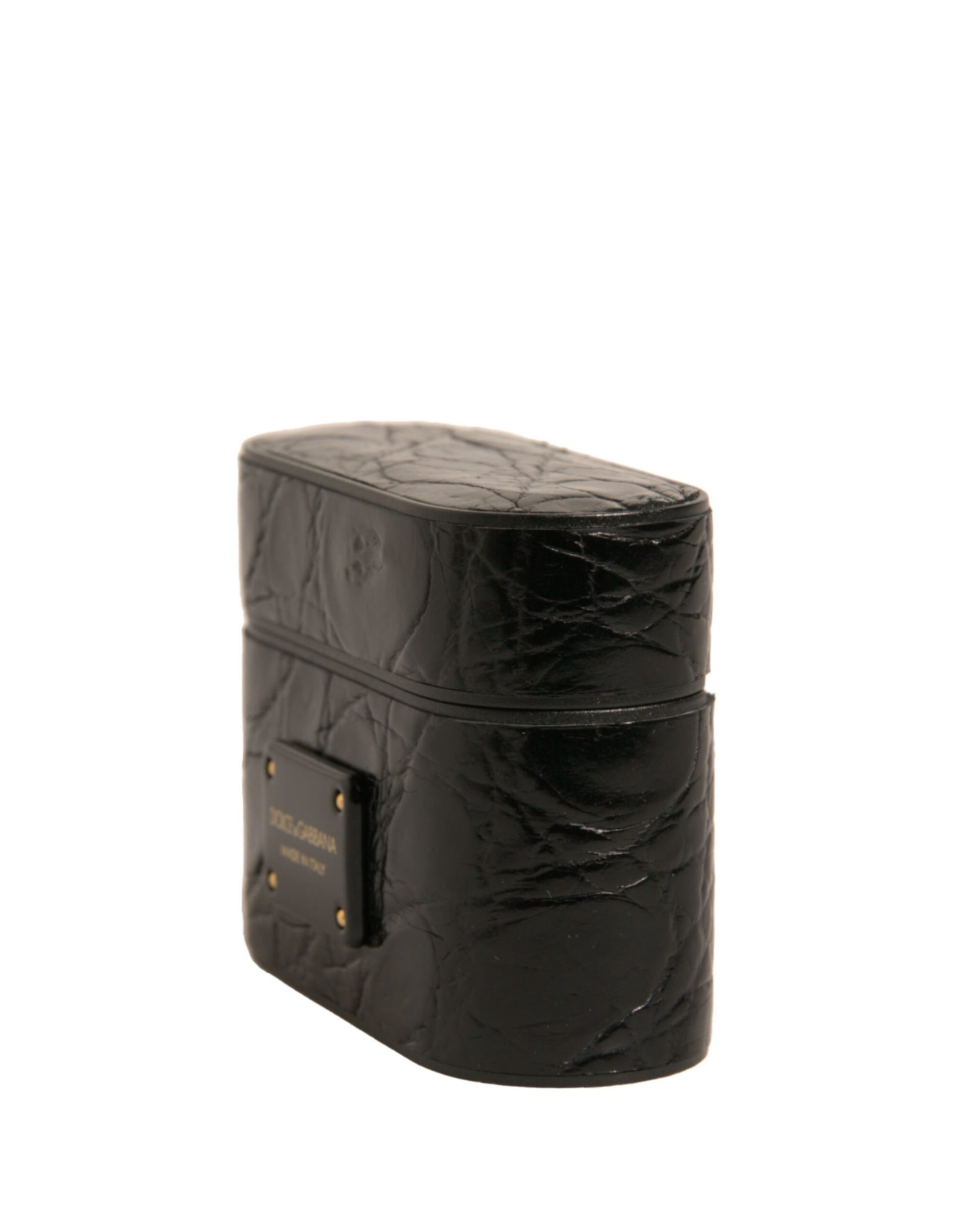 Schwarzes Airpods-Etui aus Leder mit Metall-Logo-Plakette