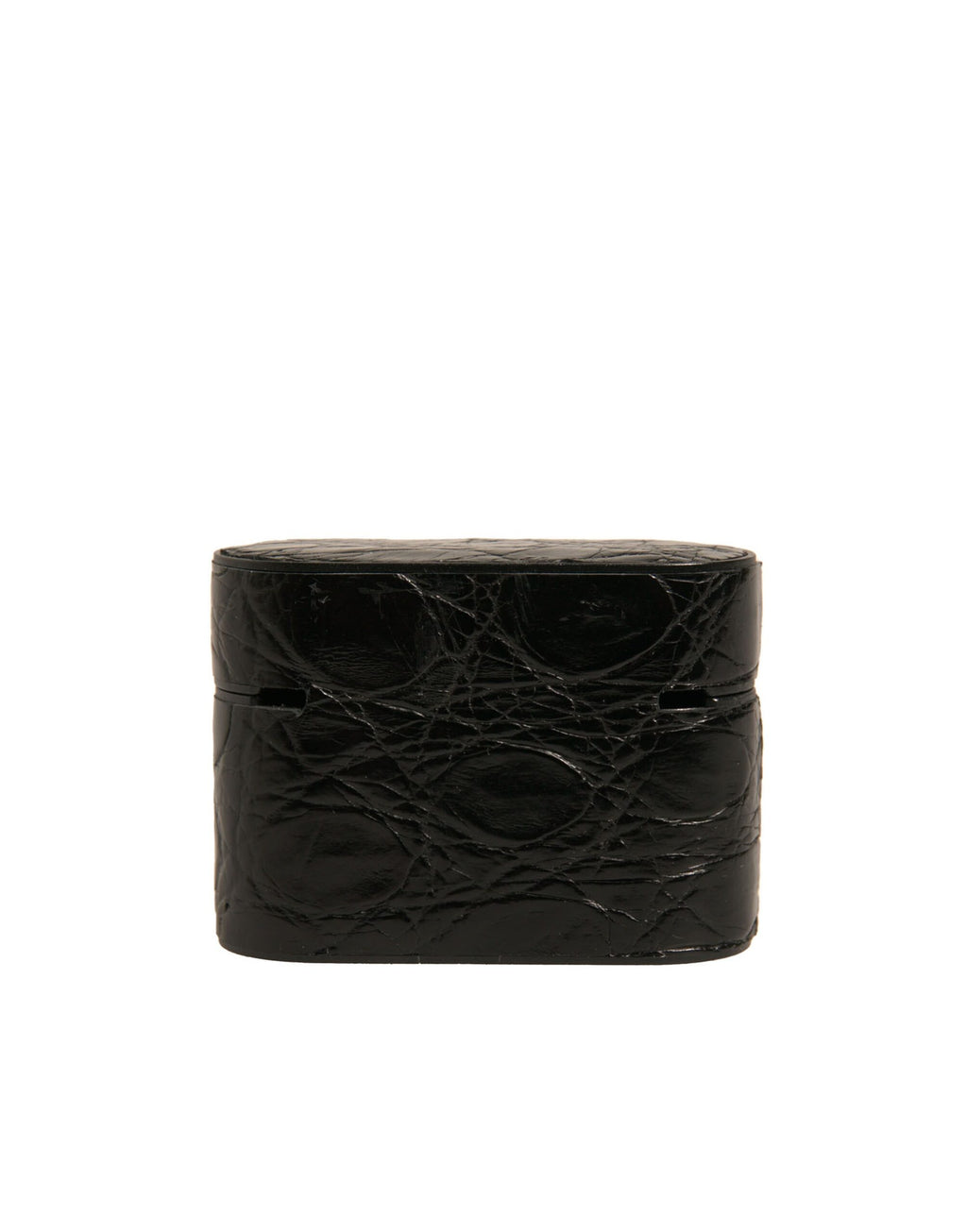 Schwarzes Airpods-Etui aus Leder mit Metall-Logo-Plakette