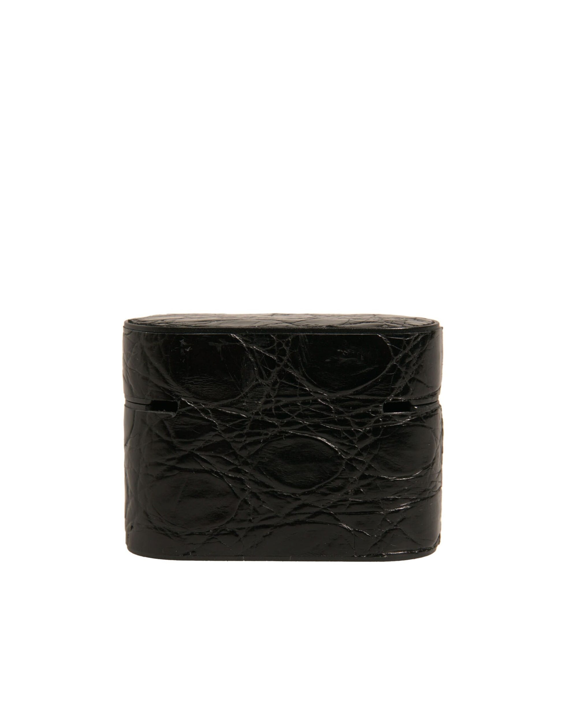 Schwarzes Airpods-Etui aus Leder mit Metall-Logo-Plakette
