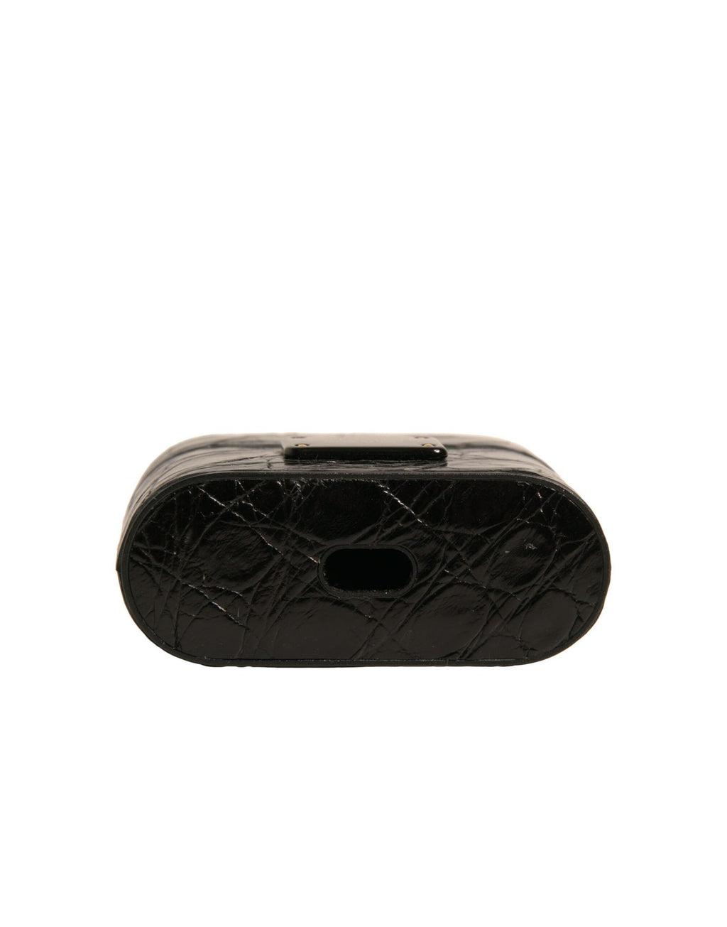 Schwarzes Airpods-Etui aus Leder mit Metall-Logo-Plakette