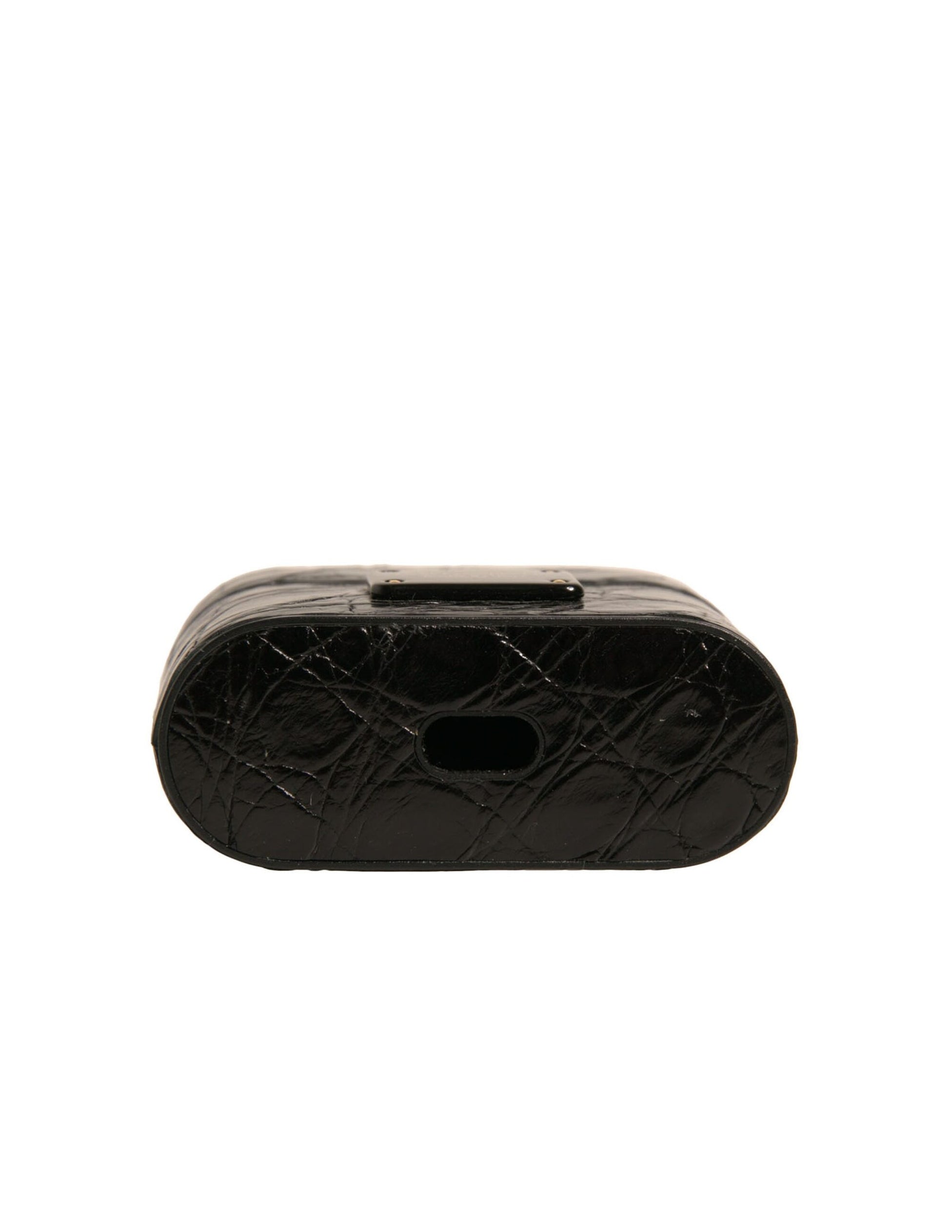 Schwarzes Airpods-Etui aus Leder mit Metall-Logo-Plakette