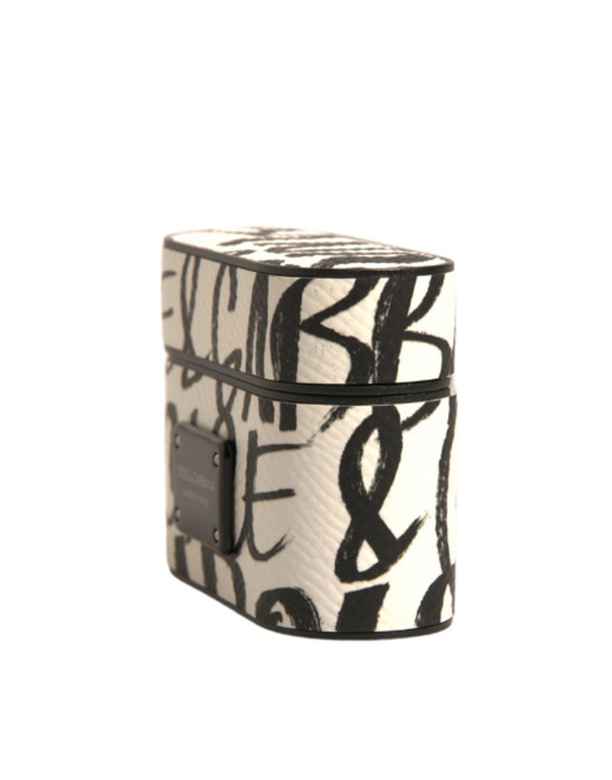 Airpods-Hülle aus schwarz-weißem Leder mit geprägtem Logo