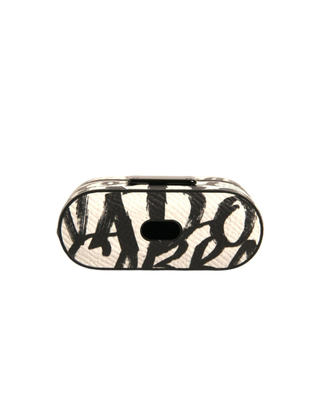 Airpods-Hülle aus schwarz-weißem Leder mit geprägtem Logo