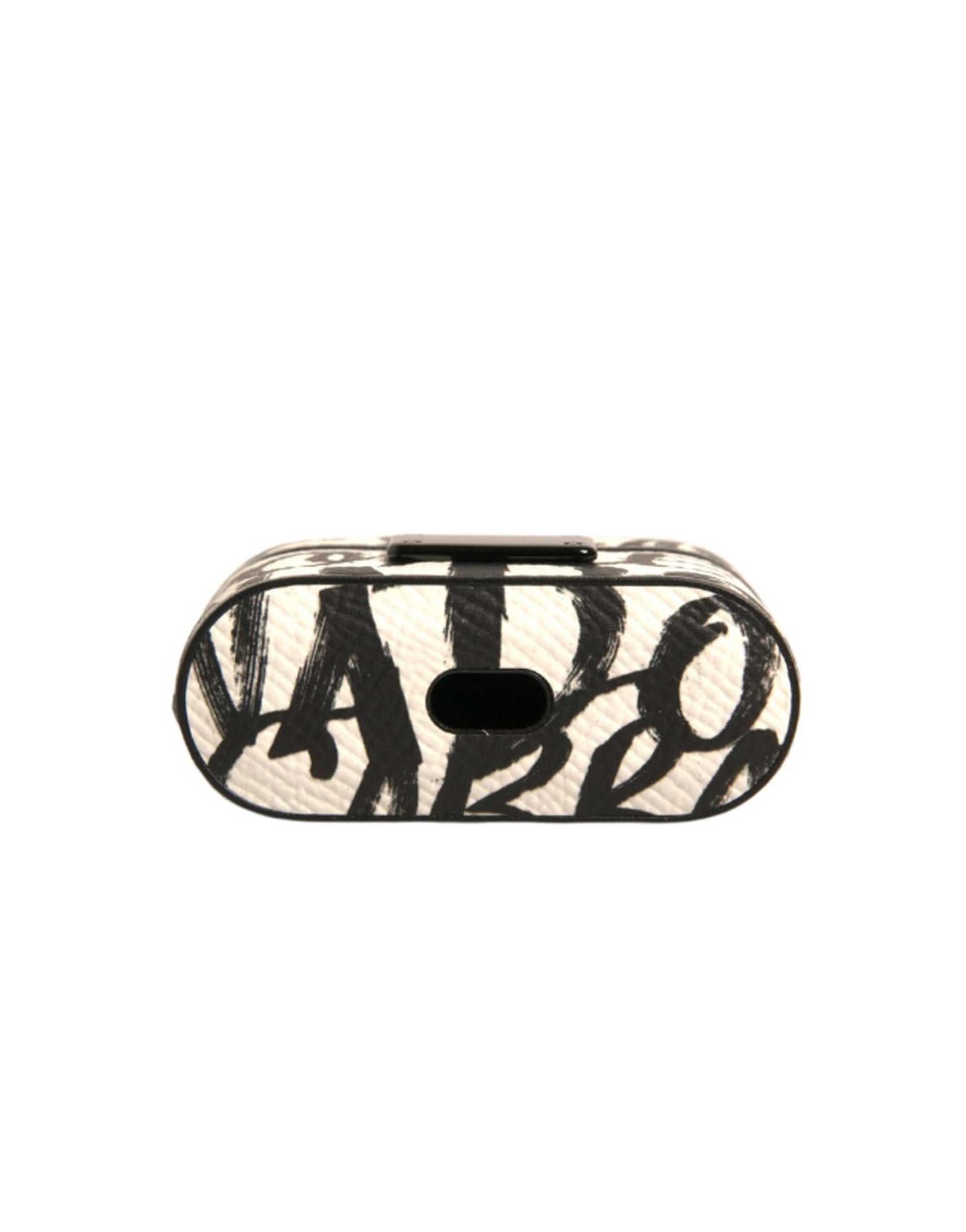 Airpods-Hülle aus schwarz-weißem Leder mit geprägtem Logo