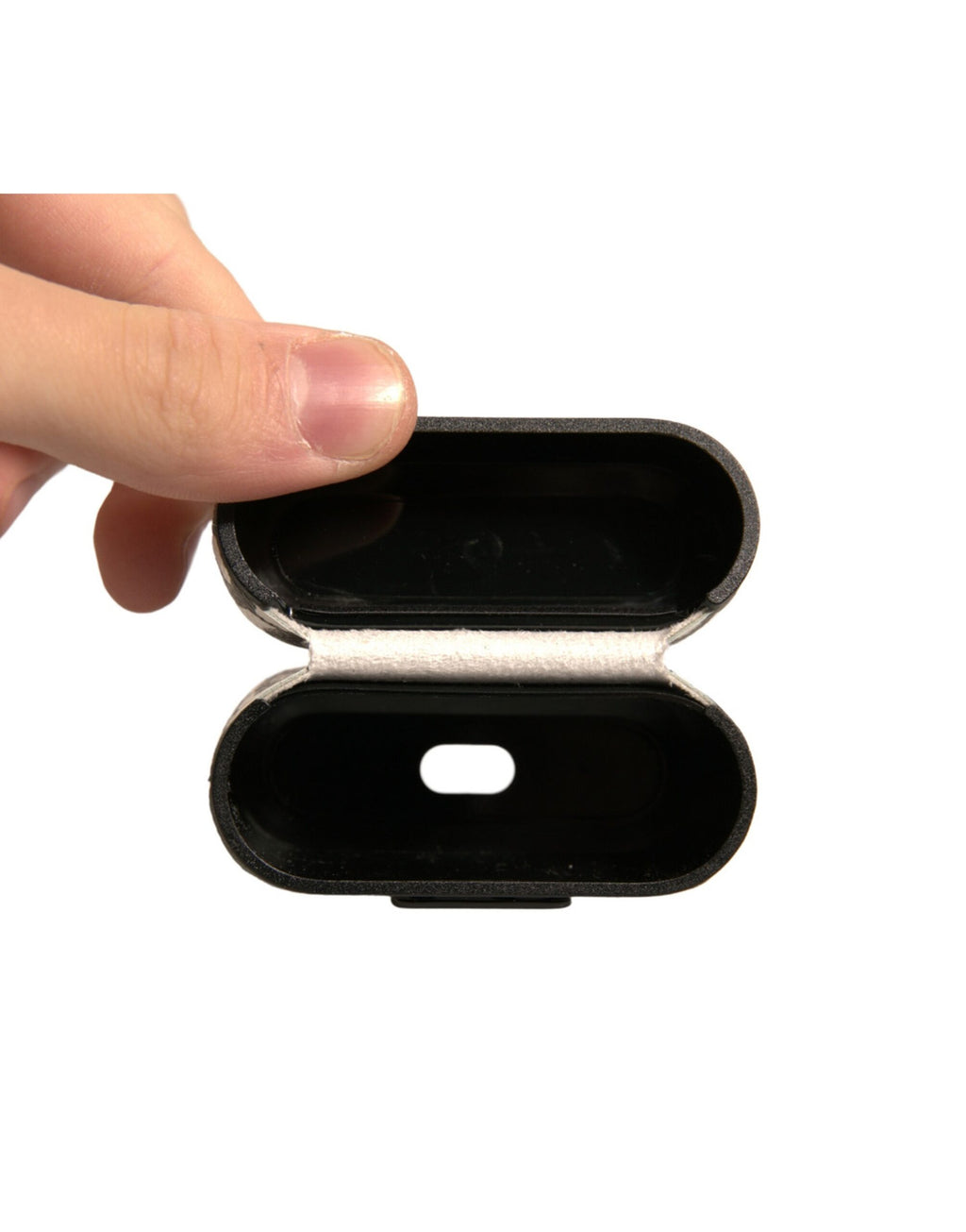 Airpods-Hülle aus schwarz-weißem Leder mit geprägtem Logo
