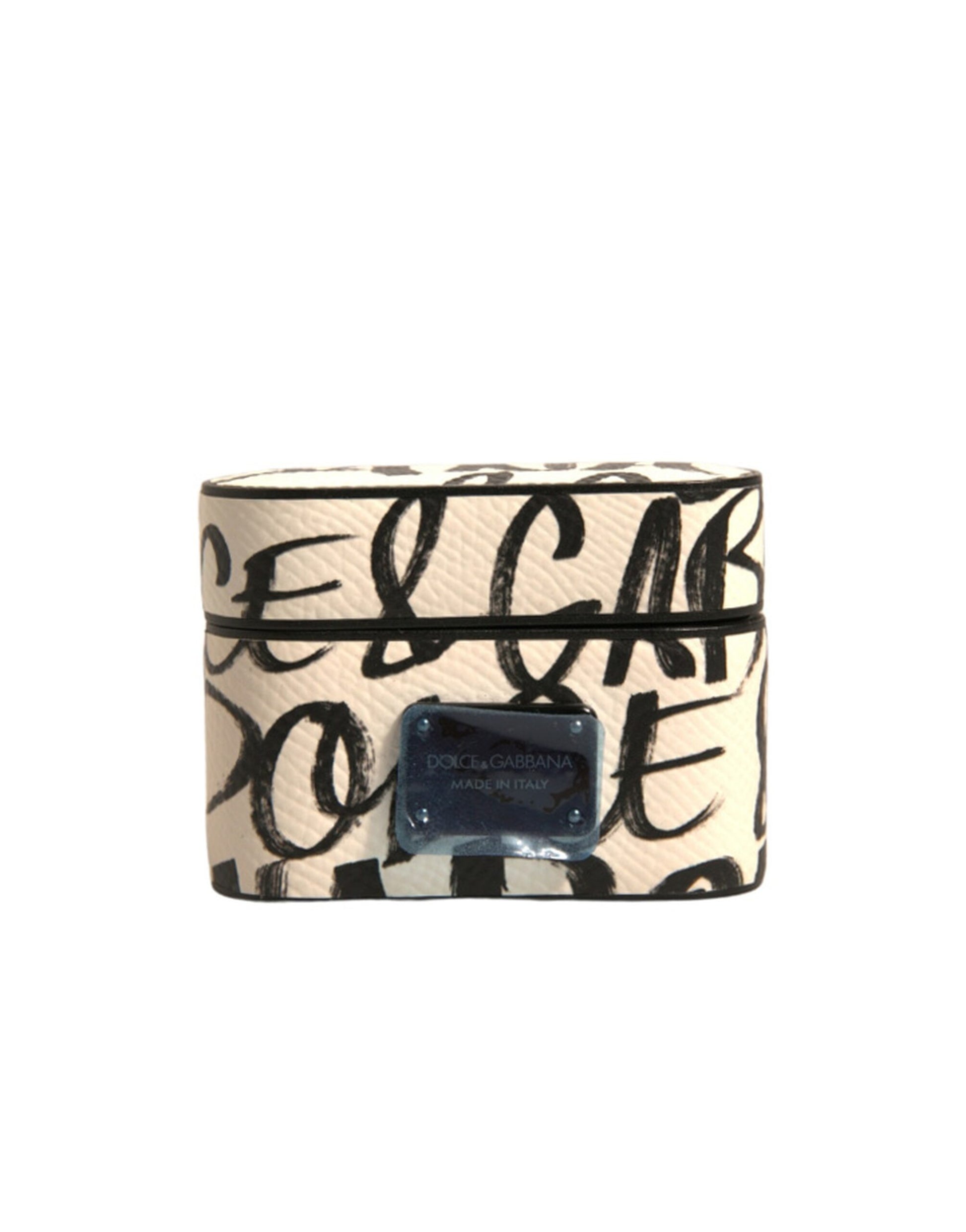 Airpods-Hülle aus schwarz-weißem Leder mit geprägtem Logo