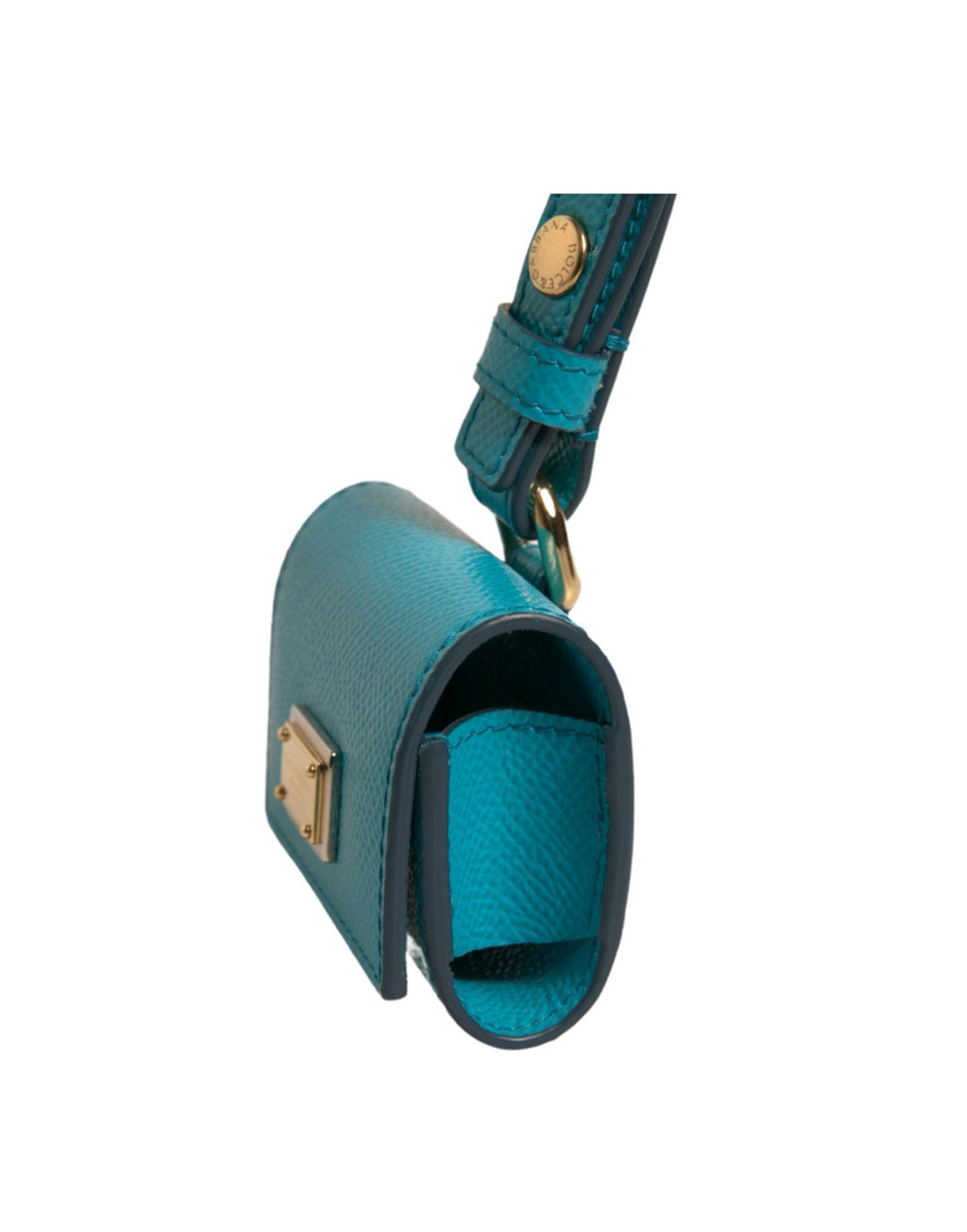 Airpods-Hülle aus Leder mit grünem Logo-Schild und goldenem Metallband