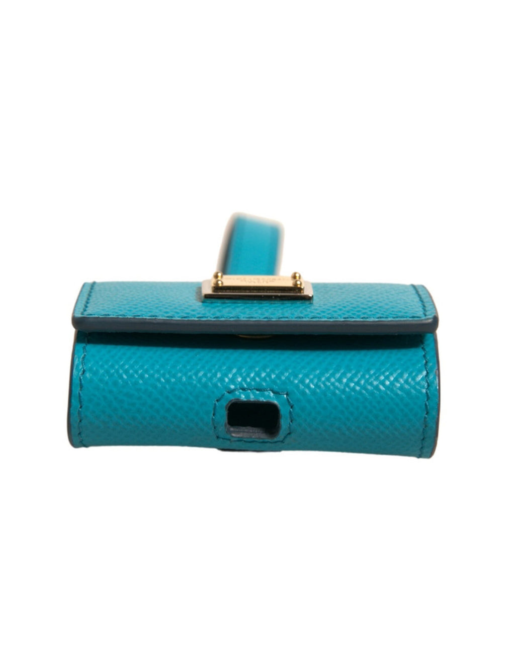 Airpods-Hülle aus Leder mit grünem Logo-Schild und goldenem Metallband