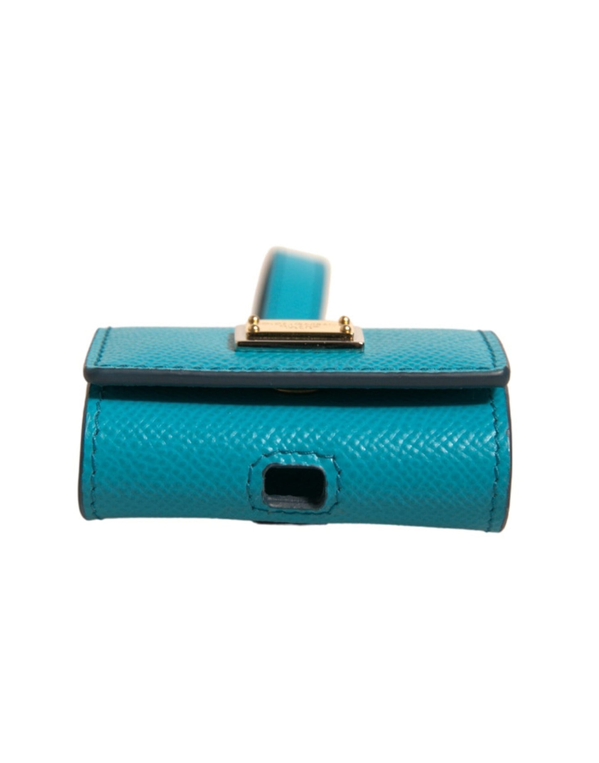 Airpods-Hülle aus Leder mit grünem Logo-Schild und goldenem Metallband